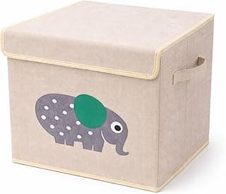 Caixa organizadora infantil dobrável com estampa de elefante, cor bege, tamanho 33x33x33 cm.