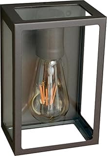 Luminária de parede vintage retangular com luz incandescente acesa, estrutura cinza escuro, vidro transparente, fundo branco.