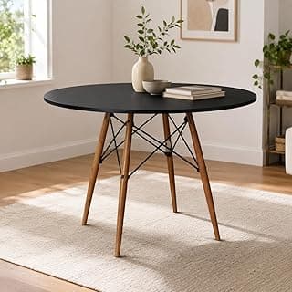 Mesa De Jantar Redonda 90cm Para 4 Lugares Com Base Madeira Estrutura Metálica Moderna(Preto)
