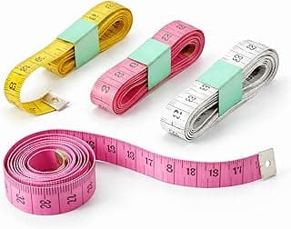 Kit 3 fitas métricas corporais 150cm flexíveis retráteis em amarelo, rosa e branco com escala dupla em centímetros e polegadas