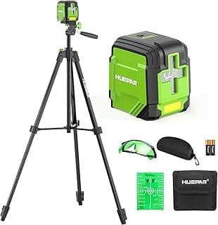 Nível a laser HUEPAR com tripé, linha verde, óculos de proteção e acessórios