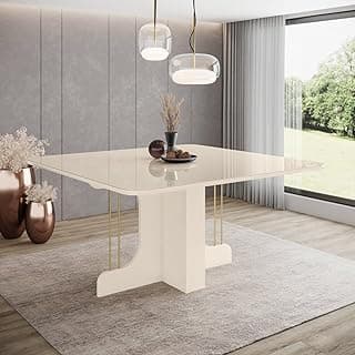Mesa de Jantar para 8 Lugares 150cm Tampo Mdf e Vidro Canto Arredondado Mavi Off White