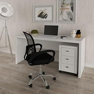 Mesa de escritório branca com três gavetas e suporte para laptop