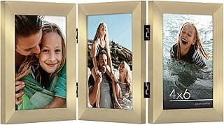 Porta-retrato dobrável triplo em ouro com três fotos de 4x6 cm