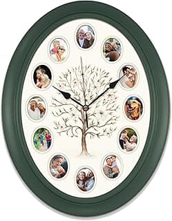 Relógio de parede oval personalizado com fotos de família e árvore genealógica, verde