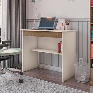 Escrivaninha Mesa de Computador com 1 Gaveta e Prateleira para Quarto ou Escritório Estudo Notebook (Off White/Freijó)