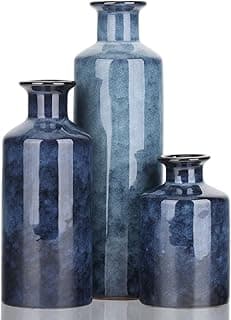 Conjunto de três vasos de cerâmica azul para decoração de casa