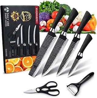 Kit de facas profissionais de aço inoxidável com cabo preto, com seis facas, descascador e tesoura, embalado com fundo de vegetais.