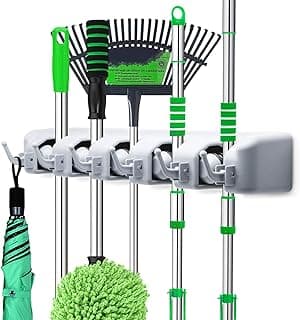 Suporte de parede LETMY para vassouras e ferramentas de jardim com 5 posições e 6 ganchos