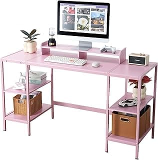 Mesa de computador rosa com teclado, monitor, mouse e armazenamento