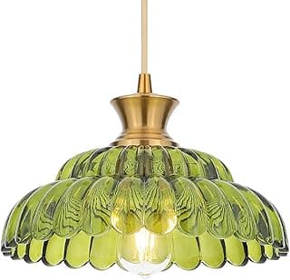 Lâmpada pendente de vidro verde vintage com cúpula em forma de aba, iluminação moderna para teto suspenso.