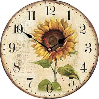 VIKMARI Relógio de parede de madeira com algarismos arábicos decorativos artísticos operados por bateria, quartzo silencioso, relógio redondo de 35,5 cm, girassol para quarto, sala de jantar