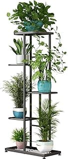Estante de metal LINZINAR para plantas com 5 níveis e vasos verdes e azuis