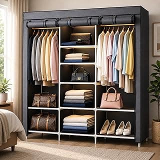 Guarda-roupa dobrável cinza com três portas, zíper impermeável, cabideiro e sapateira metálica de 16mm.