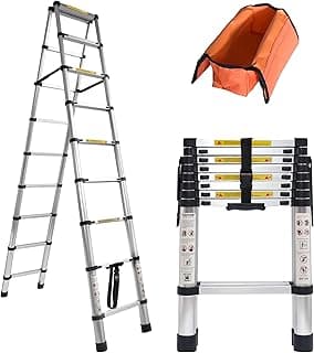 Escada telescópica de alumínio com estrutura em 'A', 9 + 9 degraus, capacidade de carga de 150 kg, dobrável com bolsa de transporte.