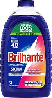Garrafa de detergente líquido Brilhante Limpeza Total 3L, rótulo azul e multicolorido