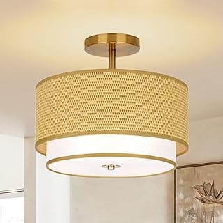 Vexagyle Luminárias Boho Luminária de teto de montagem embutida estilo rattan de 32 cm com design de tambor de 2 camadas para quartos, cozinha, sala de jantar, corredor