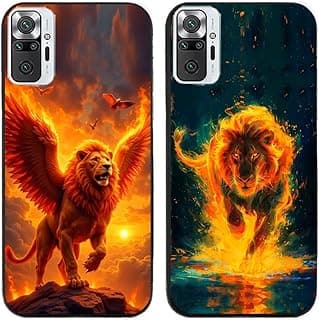 Capa traseira de smartphone com leão flamejante em chamas, fundo de nuvens e água.
