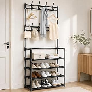 Sapateira Organizadora com Cabideiro 4 Prateleiras 12 Pares 8 Ganchos Multiuso – Arara Vertical Metal 30kg – Quarto Closet Apartamento – Preto
