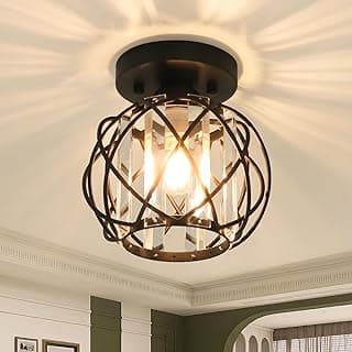 Luminária de teto circular com cúpula de vidro e estrutura metálica marrom