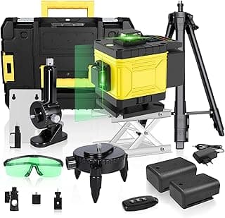 Trailabo Nível a Laser Verde 360° Autonivelante 4D com 16 Linhas Cruzadas, Controle Remoto + Tripé - Kit Completo com Suporte e Caixa de Ferramentas para Construção (Preto e Amarelo)