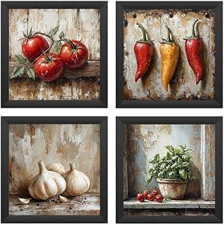 Kit de quatro quadros decorativos para cozinha com temas de tomates, pimentas, alho e manjericão