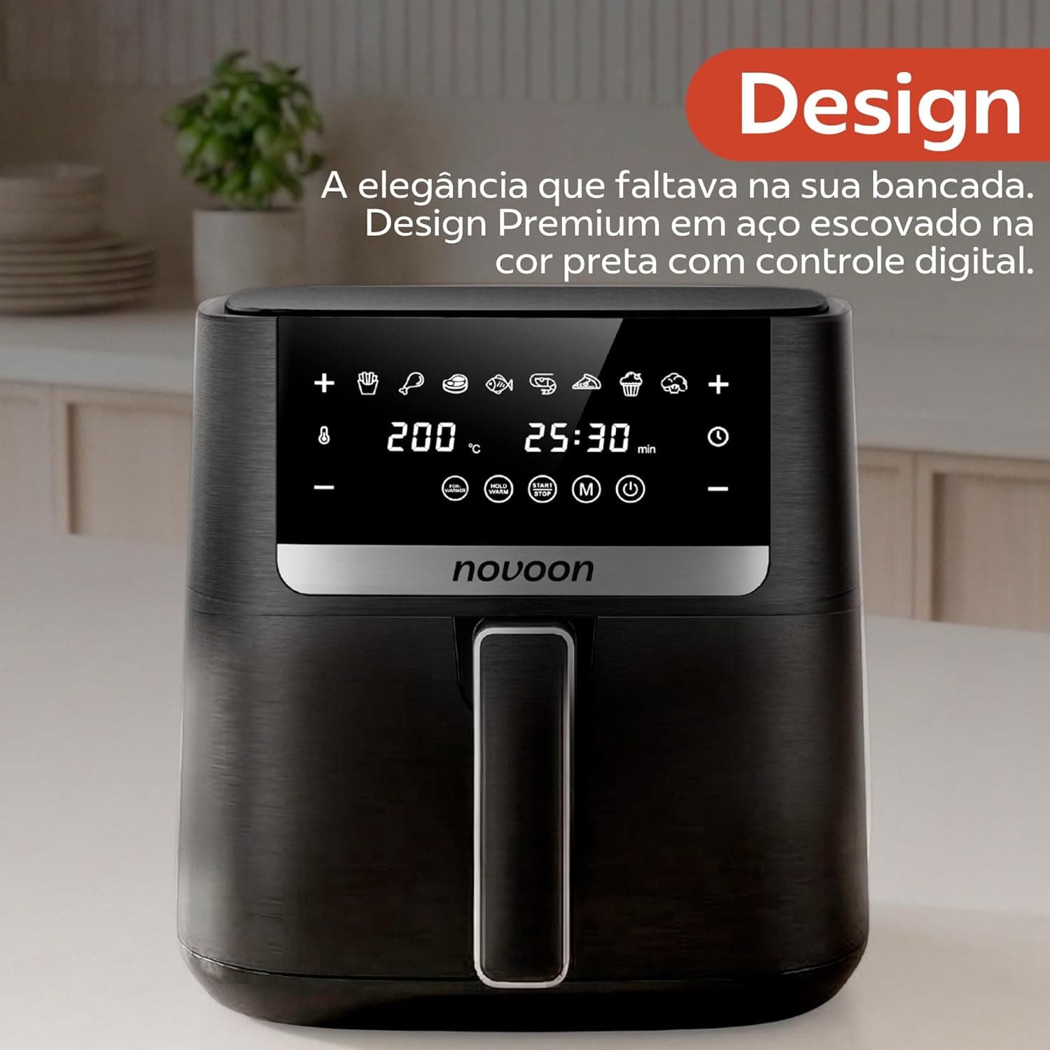 Air Fryer Novaon RA861D 8L preta com design premium e controle digital.