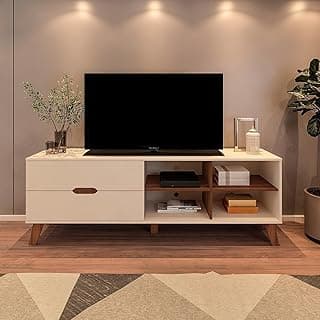 Rack para TV até 75 polegadas com 2 gavetas, cor off white e pinho, Artely