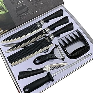 Jogo Faca em Inox Profissional Kit Churrasco Anti Aderente Corte Fio de Navalha Conjunto de 08 Peças Gourmet Azimark