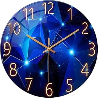 Relógio de parede azul para decoração de sala de estar, relógios de parede de cozinha, operados por bateria, relógio de parede decorativo de vidro redondo de 30 cm, sem tique-taque