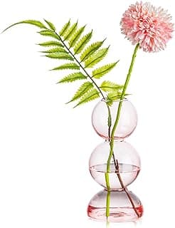 Vaso de vidro transparente duplo com flor rosa e folhas verdes