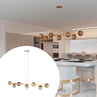 Luminária pendente de teto Jabuticaba dourada com 7 globos de vidro âmbar de 12 cm, bivolt, alumínio, para sala, cozinha, quarto, escritório, sala de jantar e estar.