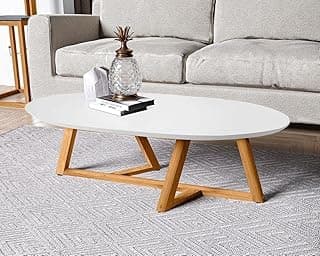 Mesa de Centro Sala Classic Oval com Pés em Madeira Maciça Branco/Amendoa