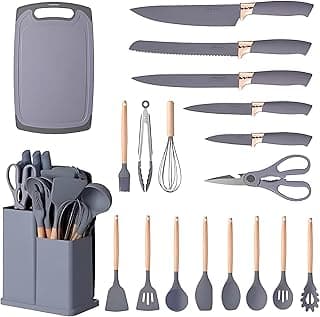 Kit de utensílios de cozinha cinza com 19 peças, facas, espátulas, colheres, tábua de corte e tesouras