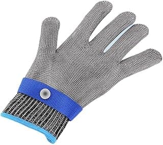 Luva de proteção de malha de arame de aço inoxidável para cozinha, tamanho XXL, cinza e azul
