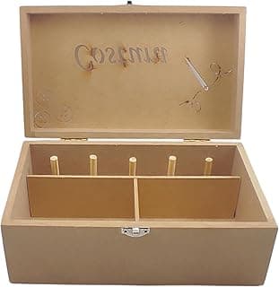 Caixa de costura MDF com compartimentos para agulhas e linhas, tampa com texto 'Costura' em caligrafia dourada, cor bege