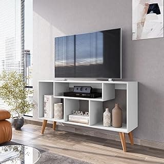 Rack branco para TV até 43 polegadas com prateleiras e nichos para sala de estar