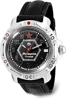 Relógio mecânico Vostok Komandirskie 744 com mostrador preto e pulseira de couro preto