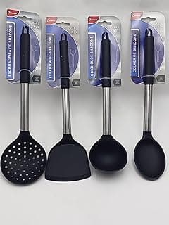 Kit de utensílios de cozinha em silicone preto com cabos de aço inoxidável