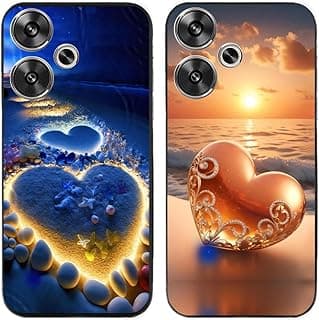 Capa traseira de telefone com design de coração em fundo azul, praia ao pôr do sol, material TPU de silicone, acabamento brilhante, coração feito de pedras e conchas, detalhes em ouro, recorte para alto-falantes.