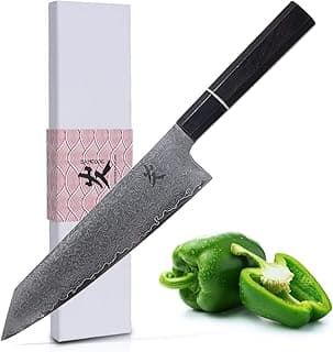 Faca de chef Kiritsuke SAMCOOK com cabo de ébano e lâmina VG-10 de aço inoxidável, ao lado de pimentão verde e embalagem original.