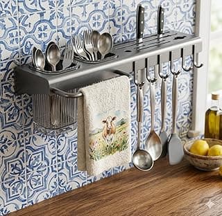 Organizador de utensílios de cozinha multiuso cinza escuro com seis ganchos