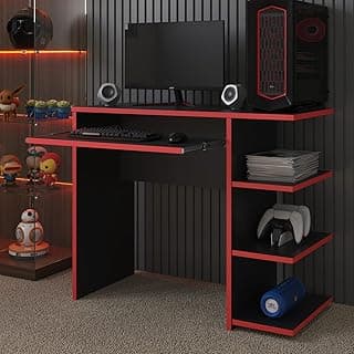 Escrivaninha gamer preto e vermelho com monitor, teclado, mouse e caixa do computador