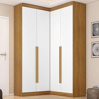 Guarda-roupa modular em ângulo branco e freijó, quatro portas deslizantes, estilo canto.