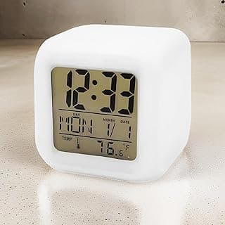 Relógio Despertador Digital Cubo Branco VARENZIA com LED Multicolorido, Termômetro, Data, Alarme, Função Soneca