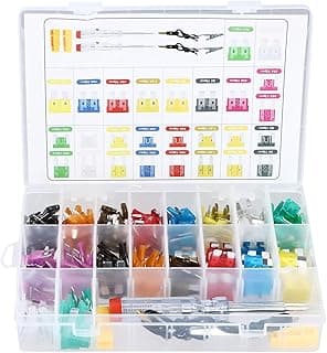 Kit de fusíveis automotivos 306 peças, organizado em caixa transparente com múltiplos compartimentos, fusíveis em diversas cores e tamanhos.