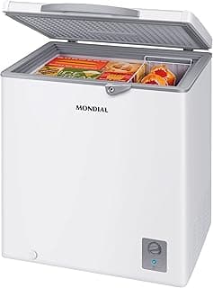 Freezer Horizontal MONDIAL 150L Branco, 110V, porta aberta mostrando interior com alimentos