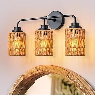 Luminárias de parede rústicas com design de vime, três luzes, iluminação dourada