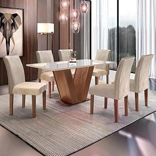 Conjunto de mesa de jantar com seis cadeiras em tecido bege e base de madeira escura