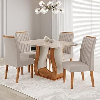 Conjunto sala de jantar mesa com tampo de vidro e cadeiras bege